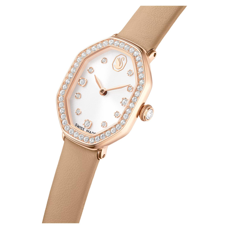 Dextera octagon watch Swiss Made, Leather strap, Brown, Rose gold-tone finish